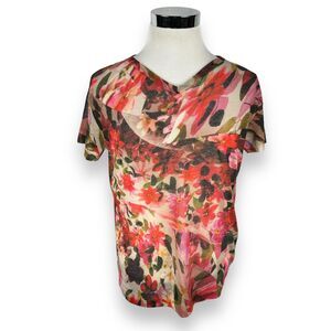Fuzzi Blouse Womens XL Pink Red‎ Abstract Floral Top Shirt Short Sleeve V-Neck